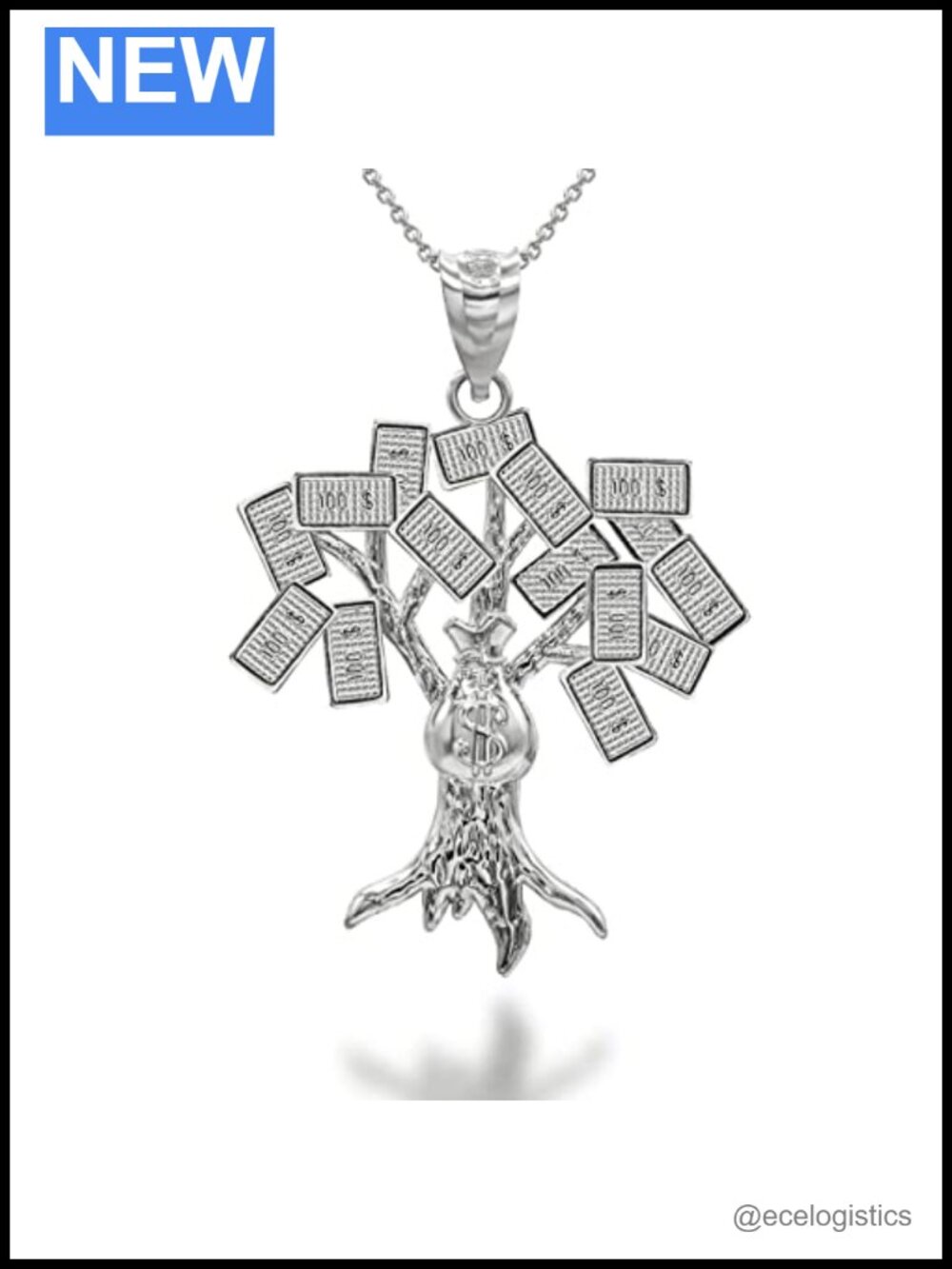 Sterling Silver Money Bag Treasure Tree Pendant Necklace Rolo Chain 16"